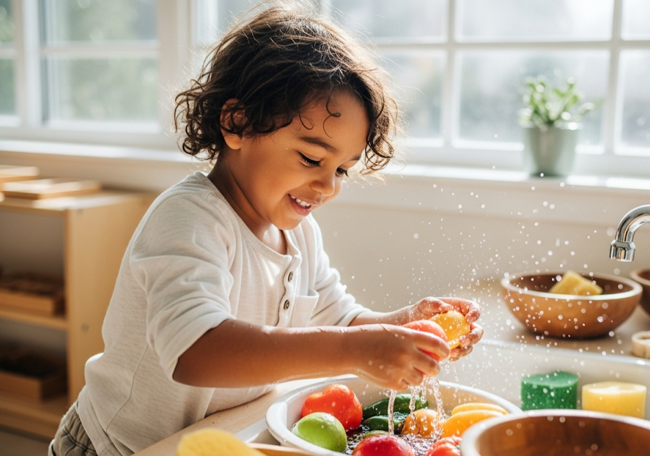 Child washing and scrubbing vegetables in Montessori classroom
